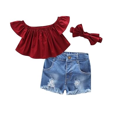 Wongfon Mädchen Schulterfrei Tops Kurzarm T-Shirt + Zerrissene Jeans Shorts + Stirnband 3 Stück Kleidung Outfit für 1-7 Jahre