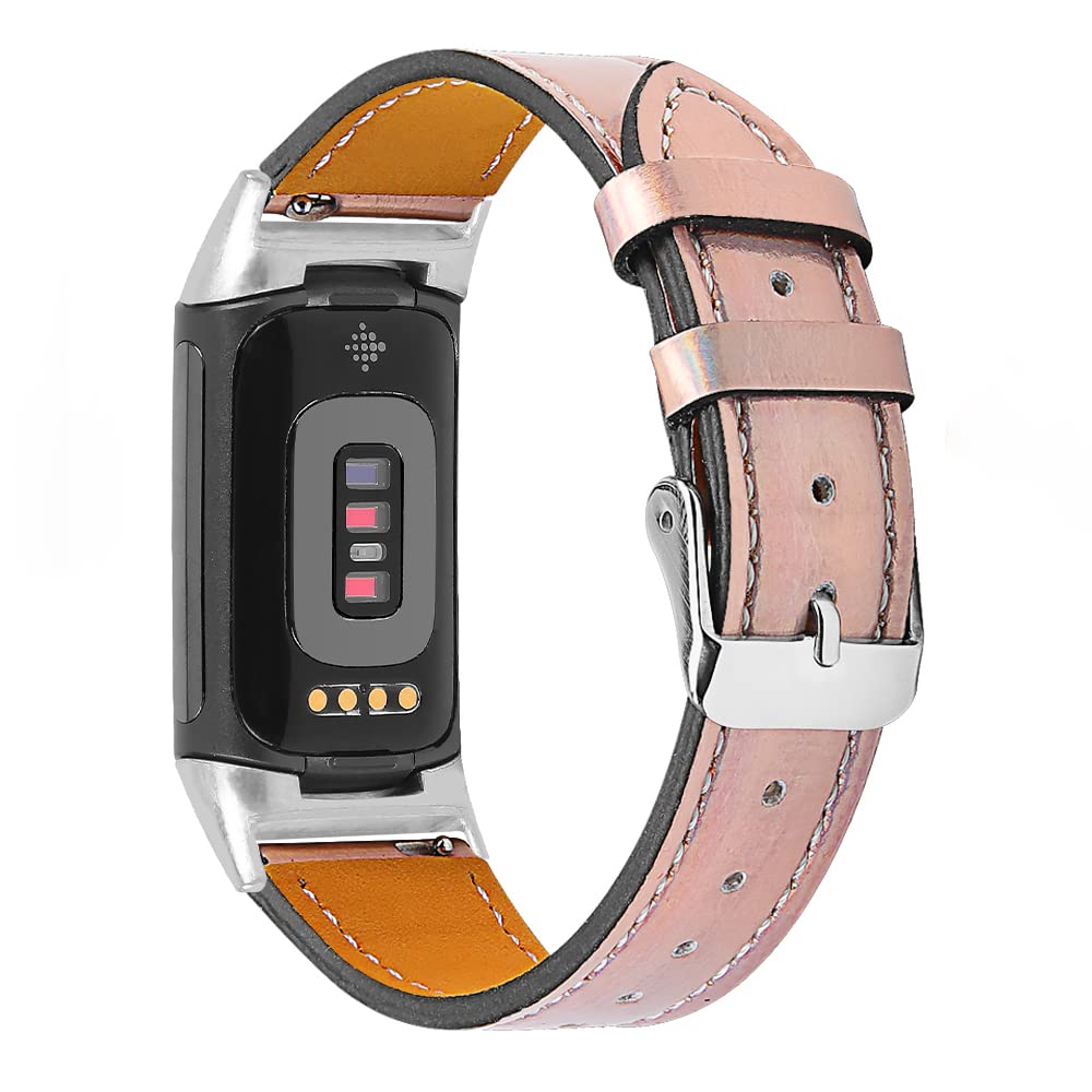 Gimuk Compatible with Fitbit Charge 5 Strap for Women Men, Genuine Leather Adjustable Sports Strap Replacement Wristband for Charge 5 Tracker Small Large (Bling Rose Gold) — image 1