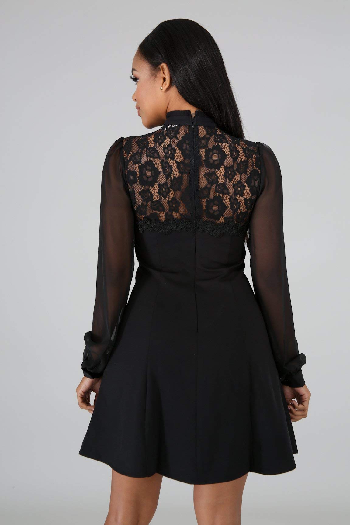 Women\'s Fit and Flare Dress - Sexy Lace Patchwork Baby Doll Swing Little Black Sun Dress Medium Black