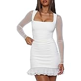 Mokoru Women's Sexy Square Neck Long Sleeve Mini Dress Ruched Bodycon Ruffle Cocktail Party Short Dresses