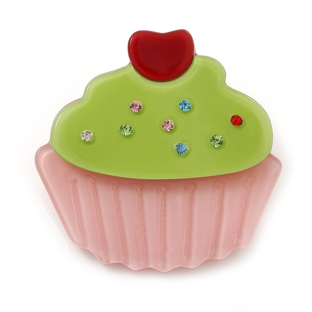 Baby Pink/Lime Green Austrian Crystal Acrylic 'Cupcake' Pin Brooch - 40mm Across