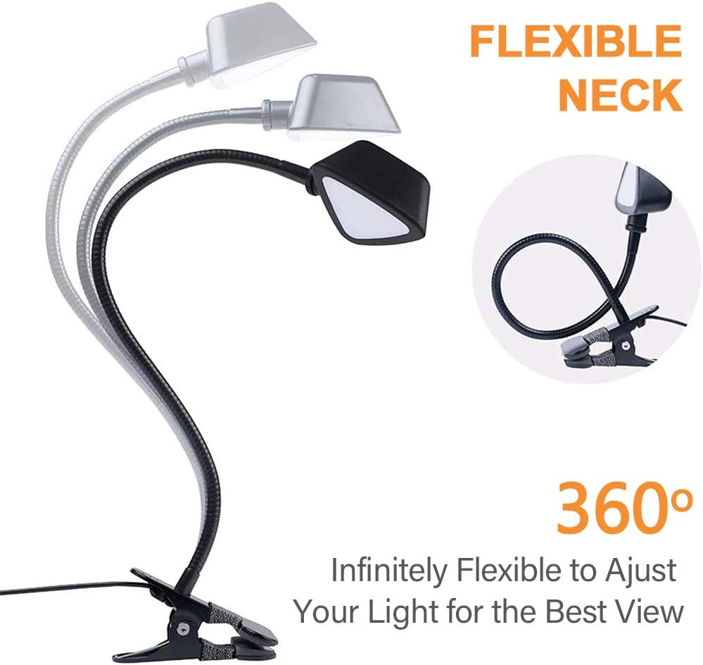 LuminoLite 12 LED Adjustable Reading, 10 Brightness Level x3 Colors Book Lamp, Clip Light for Desk, Bed Headboard, Black - - 