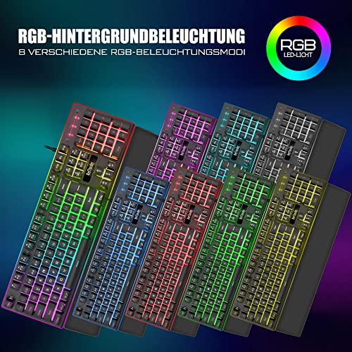 RedThunder K10 Gaming Keyboard and Mouse Set, QWERTZ DE Layout, Metal Plate and Wrist Rest, RGB Backlight and 7D with Ergonomic for PC Gamers (Black)