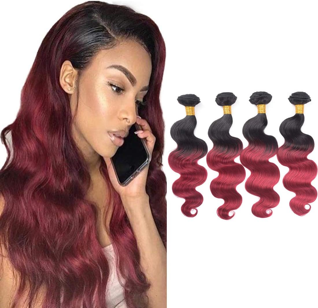 Ombre Body Wave Human Hair Bundles 1B/Burgundy Brazilian Virgin Body Wave 4 Bundles Human Hair (12 14 16 18)