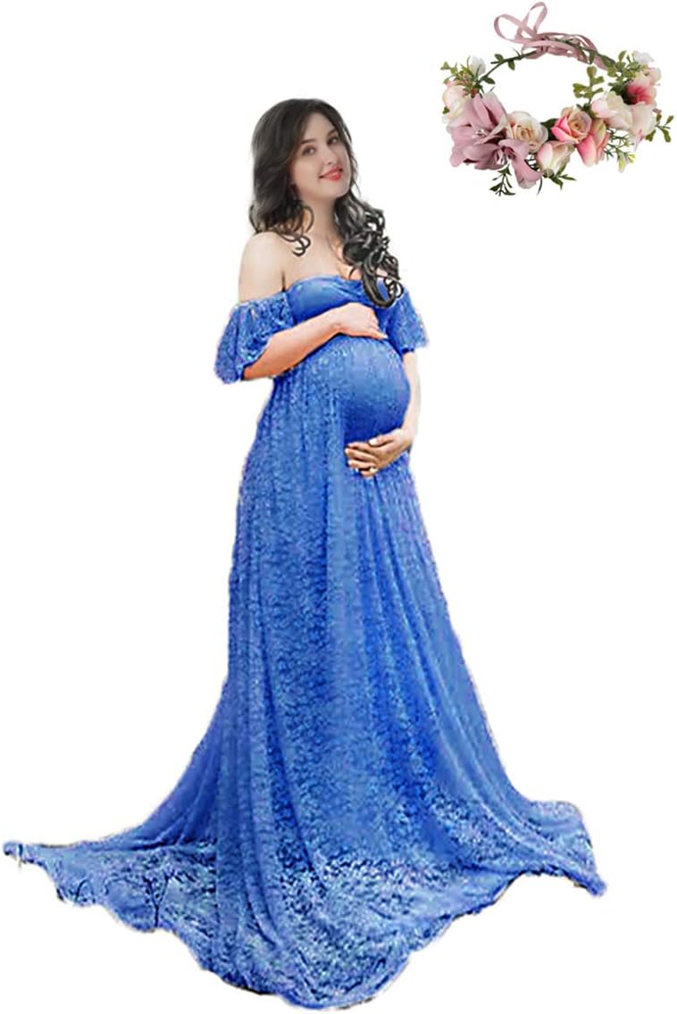 Women's Off Shoulder Ruffle Sleeve Lace Maternity Gown Plus Maxi Photography Dress