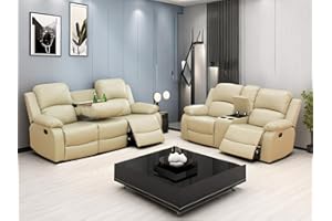 Dekmxas 2PCS Manual Recliner Sofa Set Bonded Leather Reclining Couch Set Living Room Furniture Sets Modern Sofa and Loveseat Set with Cup Holders/Storage Console for Home/Rv Car (Beige, Sofa+Loveseat)
