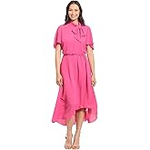 London Times Womens Tie Neck Flutter Sleeve Tie Neck Blouson High Low Midi Dress