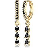 Gold and Black Dangle Drop Earrings for Women 14K Gold Plated Dainty Trendy Fashion Dangling Huggie Hoops Formal Small Dangly Earrings with Cubic Zirconia Charms Prom Earrings