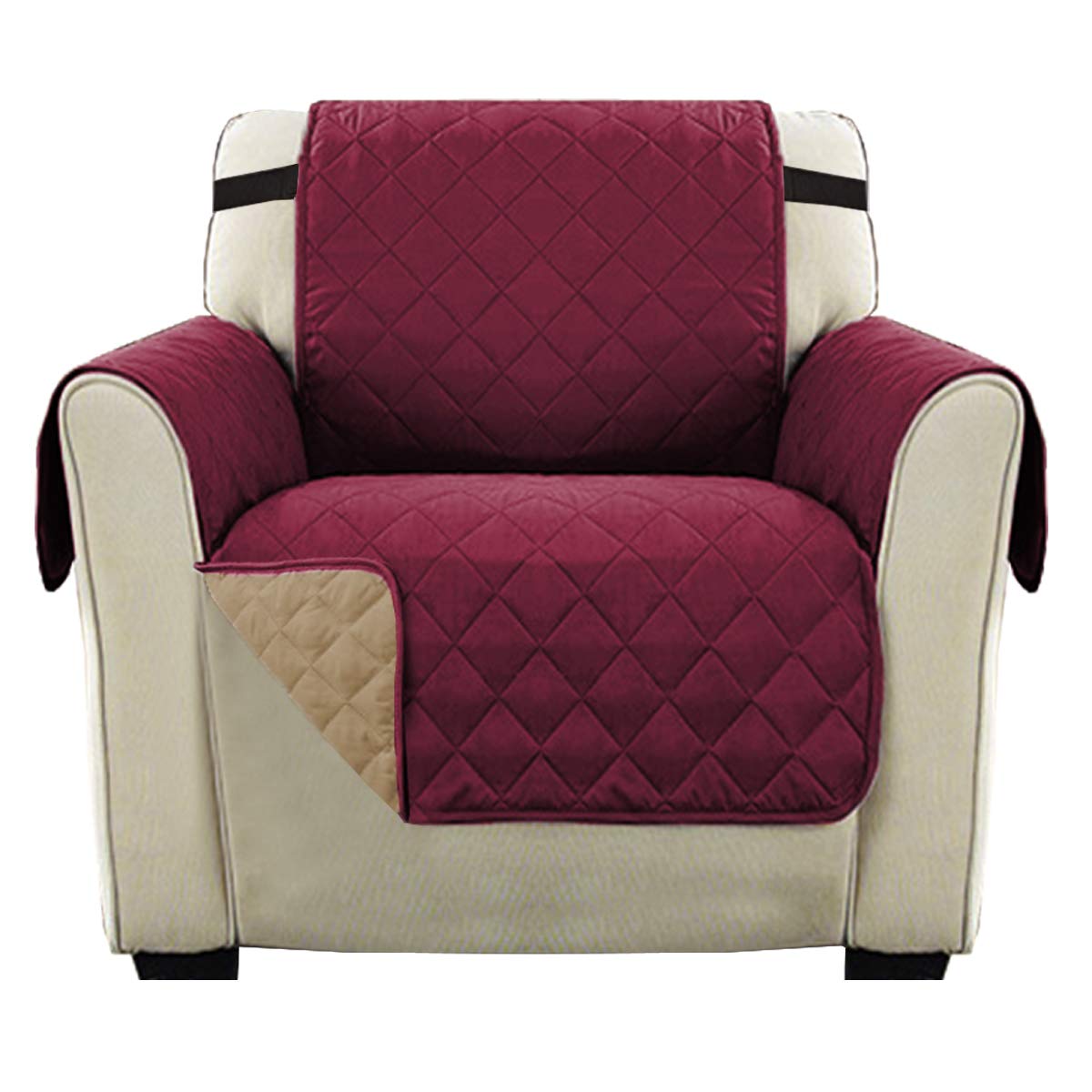 H.Versailtex Reversible 1 Seater Chair Cover/Armchair Slipcover Protector, Stay in Place with 2" Adjustable Strap, Furniture Protectors from Dogs, Pets, Spills (Burgundy/Tan)