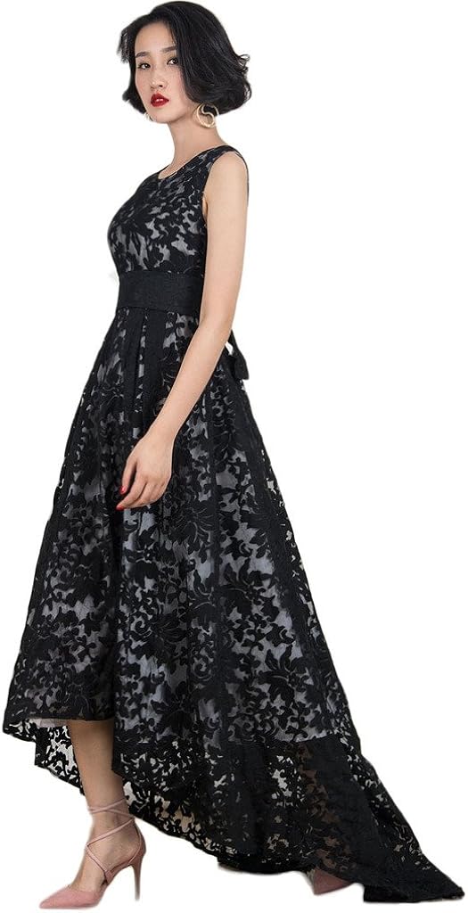 Womens Black Evening Dress Lace Layout Hi-lo Maxi Prom Dresses