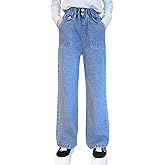 LittleXin Kids Girls' Fashion Elastic Waist Wide Leg Baggy Denim Pants Straight Washed Loose Jeans Age 5-14 Years