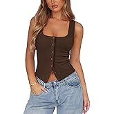 Pungdra Womens Ribbed Button Down Tank Tops for Women Trendy Knit Fitted Button Up Crop Vest Square Neck Cute Going Out Top