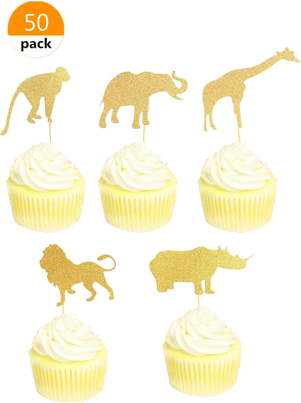 Lauren 50 Pcs Gold Animal Cupcake Toppers Jungle Safari Animal Cupcake Toppers for Baby Shower Birthday Party