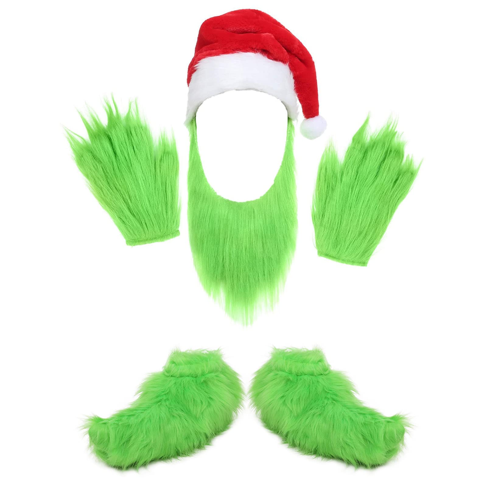 SINSEN 4 PCS Green Monster Beard Santa Hat with Furry Gloves Shoes Green Monster Plush Costume Accessories Cosplay for Christmas Halloween Party Adult Fancy Dress