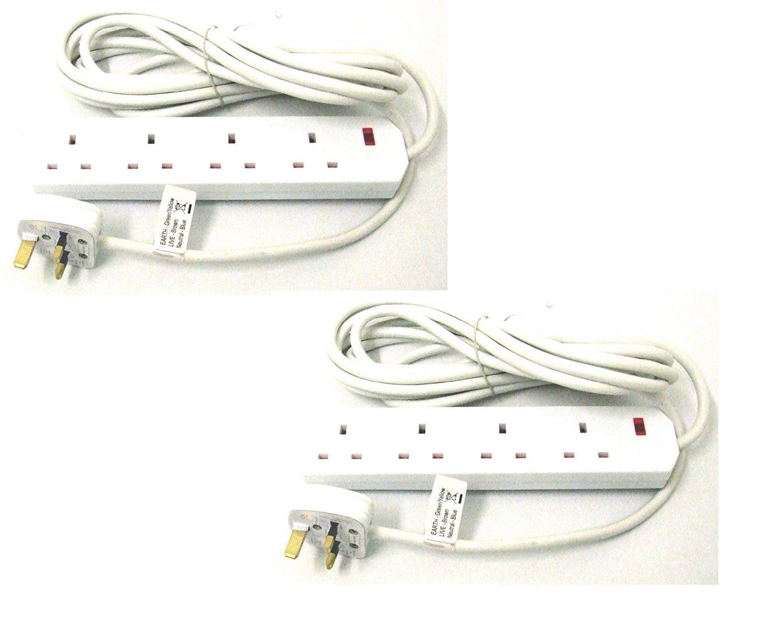 PIFCO 4 Way UK 3Pin Plug 13amp Extension Lead with 5 Metre Cable - Neon Power On Indicator - White - 2 Pack