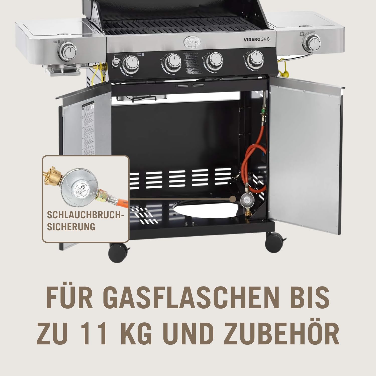 RÖSLE Gasgrill BBQ-Station VIDERO G4-S Schwarz, Grill mit 4 Edelstahlbrennern, extra Primezone und Seitenbrenner, klappbare Seitentische, VARIO+, pulverbeschichteter Stahl 6
