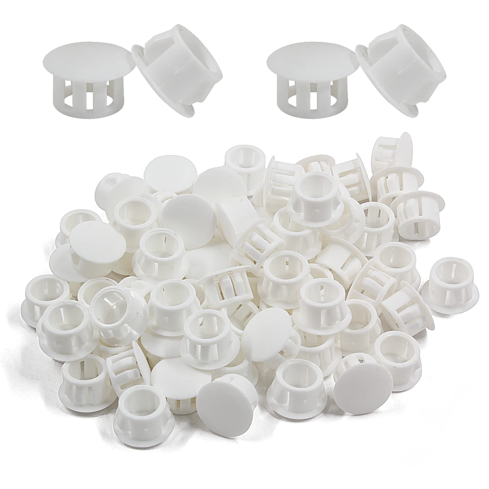 Cjueiom 60pcs 13mm / 1/2" Hole Plugs White Plastic Hole Covers, Flush Type Drill Hole Cover Caps Snap in Locking Blanking Cap, Post Pipe Insert Screw Hole Cover for Kitchen Cupboard Cabinet Shelf