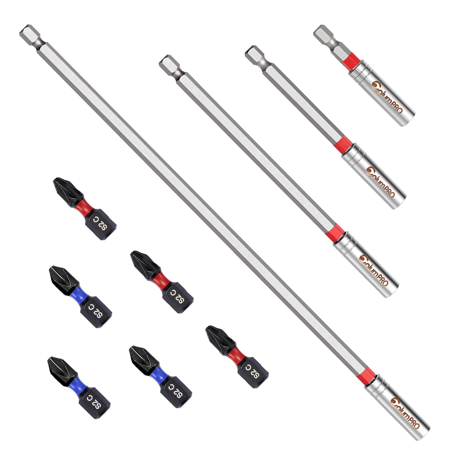 ColumPRO 10PCS Magnetic Bit Holder Set, 300 MM丨150 MM丨100MM丨60MM Bit Holder for Impact Driver Bits with 3*PH2 + 3*PZ2 Impact Driver Bits