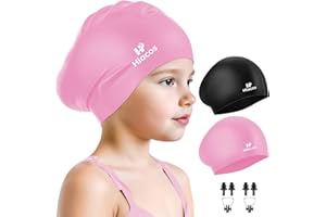 HIACOS 2 Pack Kids Swim Cap for Girls Boys, 2 Size Silicone Swimming Cap for Toddlers Children Teens, Waterproof Swim Hatsfor Long Hair to Keep Hair Dry