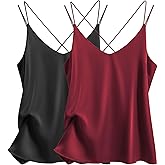 Ekouaer Womens 2-Pack Silk Satin Camisole Tank Top V Neck Sexy Cross Back Spaghetti Strap Cami Sleeveless Lounge Tops S-XXL