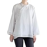 Minibee Women's 3/4 Length Sleeve Tops Cotton Linen Button Down Shirts Chinese Frog Casual Blouses