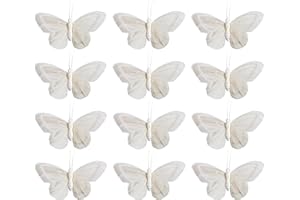 YCHTEWY-Feather Butterfly Decoration on Picks Floral Supplies Set of 12 pcs with Wire White Butterflies Butterflies for Flower Arrangements (B)