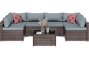 RESOM 7-Piece Brown Rattan Patio Furniture Sets, Outdoor Conversation Sofa Sets with Water Resistant Gray Cushions & Tempered Glass Coffee Table, Modular Outdoor Sectional Sofa Sets with 2 Pillows