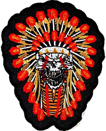 Chief Skull Indian Headdress Round Biker Embroidered Iron on Patch
