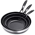 GreenPan Venice Pro Noir Tri-Ply Stainless Steel Healthy Ceramic Nonstick 8" 10" and 12" Frying Pan Skillet Set, Matte Black Handle, PFAS-Free, Multi Clad, Induction, Dishwasher Safe Oven Safe, Silver