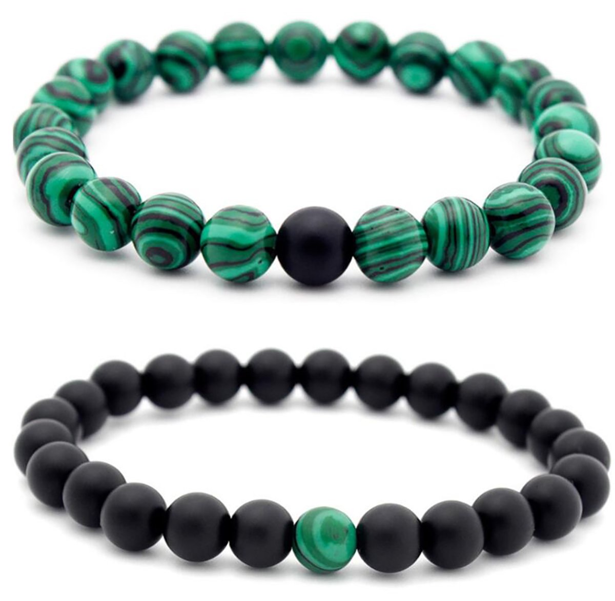 Set of 2 Womens Mens 8mm Handmade Couples Distance Beads Bracelets Friendship Couple Jewelry Round Energy Stone Beads Gemstone Beaded for Valentine Birthday (Malachite Stone & Black Matte Agate)