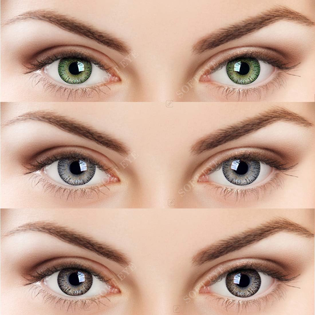 Soft Eye 3 Pair (Green,Grey & Brown) 0 Power Monthly Contact Lens 0 Dioptres 6 + Multi Plus Solution With Lens Storage Box