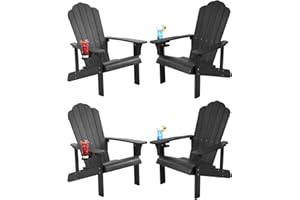 hOmeHua Adirondack Chair Set of 4, Adirondack Chair Weather Resistant with Cup Holder, Imitation Wood Stripes, Easy to Assemble, Outdoor Chair for Patio, Backyard Deck, Fire Pit - Black