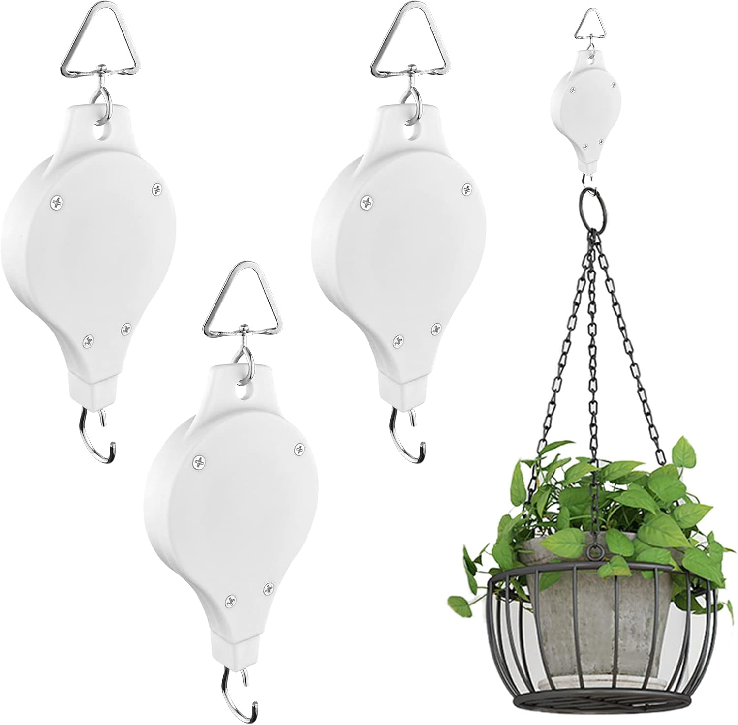 Outdoor Hanging Brackets - MEGXIT 3 Pack Adjustable Plant Pulley Hanger, Retractable Plant Hanger,Adjustable Plant Hanger for Garden Hanging Basket Pots and Bird Feeder - White