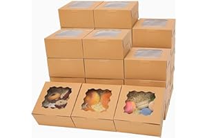 Bakepacker 60pcs Kraft Bakery Boxes with Window 6x6x3 inches Thick & Sturdy Macaroon Pastry Boxes Cookie Boxes for Bakerys