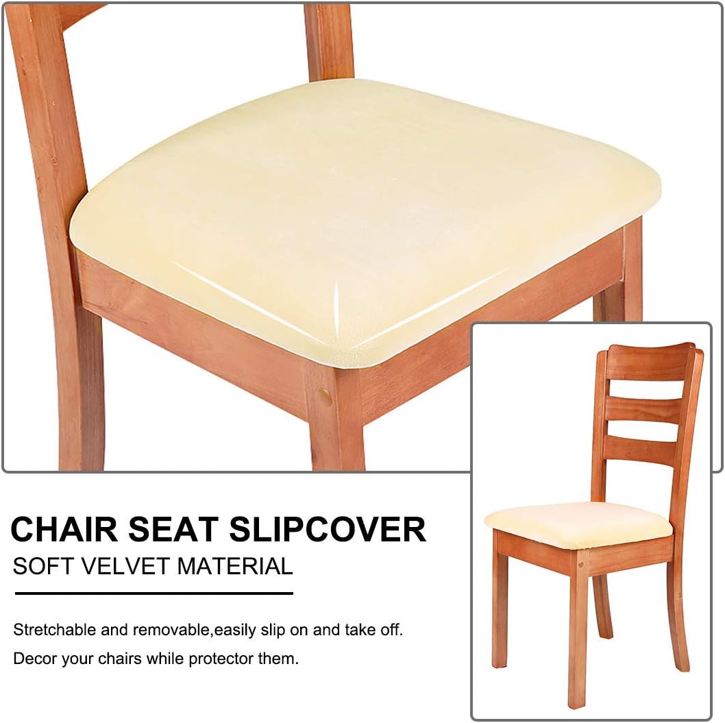 smiry Stretch Chair Seat Covers for Dining Room Velvet Dining Chair Seat Protectors Chair Slipcovers, Set of 6, Cream - Image 5