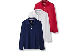 LIBERTY PRO 3 Pack Youth Girls' Performance Polo Shirts, Long Sleeve Pique Collared Kids School Uniform Tops