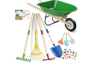 Qtioucp Kids Wheelbarrow Set with Gardening Tools Outdoor Backyard Garden Play for Toddlers Boys Girls 3-8, with Shovel, Rake, Leaf Rake, Easter Birthday Gifts (Green Garden Set)