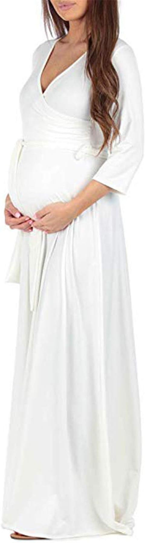 Maternity Dresses, Women's Long Sleeve Solid Ruched Maternity Maxi Photography Dress with Adjustable Waistband for Baby Shower by Clemunn