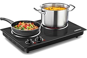 Hot Plate,CUSIMAX Portable Electric Stove Countertop Double Burner with Adjustable Temperature Control,Ceramic Glass Heating 