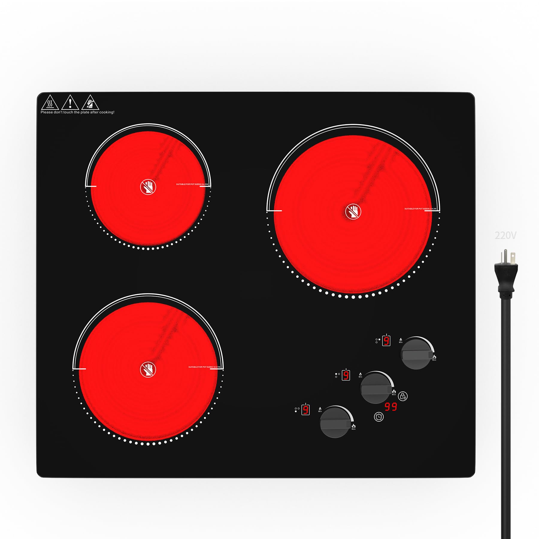 Photo 1 of VBGK Electric Cooktop,24 inch 220V Stove Top,Touch and Knob Control,LED,9 Power Levels, Kids Lock &Timer,Overheat Protection,5000W 3 burner electric cooktop.