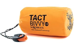 Survival Frog Tact Bivvy 2.0 Emergency Sleeping Bag w/Stuff Sack, Carabiner, Survival Whistle, ParaTinder - Compact, Lightweight, Waterproof, Reusable, Thermal Bivy Sack Cover, Shelter Kit