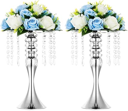 Nuptio 2 Piezas Centros De Mesa Plata Para Bodas Soporte Flores Arreglos De Flores Artificiales 35cm Alto Florero Metal De Cristal Soporte De Flores Centro Mesa Para Aniversario Bodas Decoracion Amazon Es Hogar