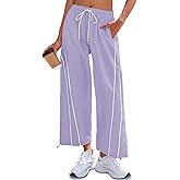 Fisoew Womens Baggy Wide Leg Pants Casual Elastic Waist Drawstring Hiking Workout Cropped Track Pants with Pockets