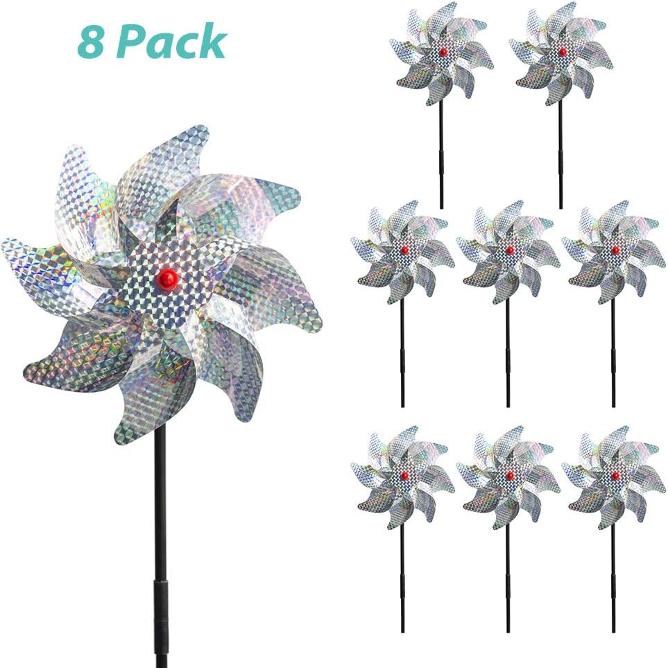 Fanng Bird Deterrent Pinwheels Sparkly Silver Spinners Holographic Mylar Reflection Materials Scare Birds Pests Away