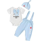KtwHarnu Fathers Day Baby Boy Outfit My First Father's Day Short Sleeve Bowtie Romper I Love Dad Suspender Pants Hat 3Pcs Set