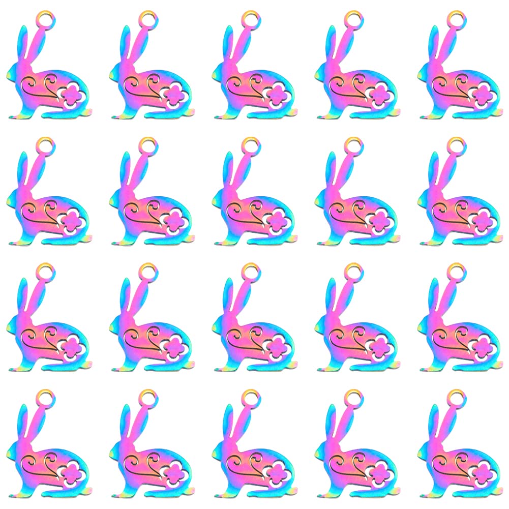 HOBBIESAY 20Pcs 201 Stainless Steel Bunny Charms 16x12mm Rainbow Color Rabbit Charms Animal Easter Bunny Pendants for Easter Necklace Brecelet Earring Making, Hole: 1.5mm