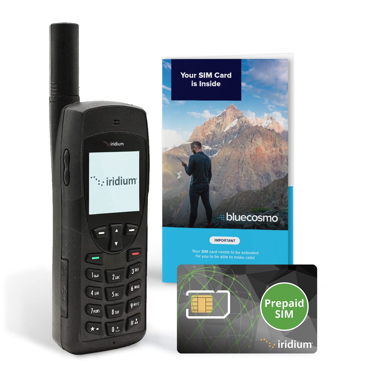 BlueCosmo Iridium 9555 Satellite Phone Bundle - Only Truly Global Satellite Phone - Voice, SMS Text Messaging - Prepaid SIM Card Included - Online Activation - 24/7