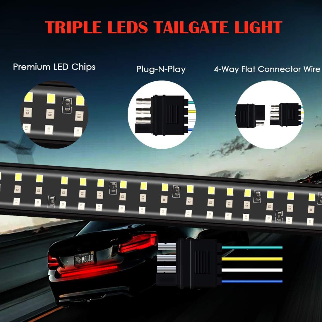 N / A Triple Row Tailgate Light Bar, 60 Inch LED Tail Strip Light Bar, with 4-Way Flat Connector Wire - Full Function Running Light Brake Light Turn Signal Light Reverse Light(432-LED, 3-Row): Automotive