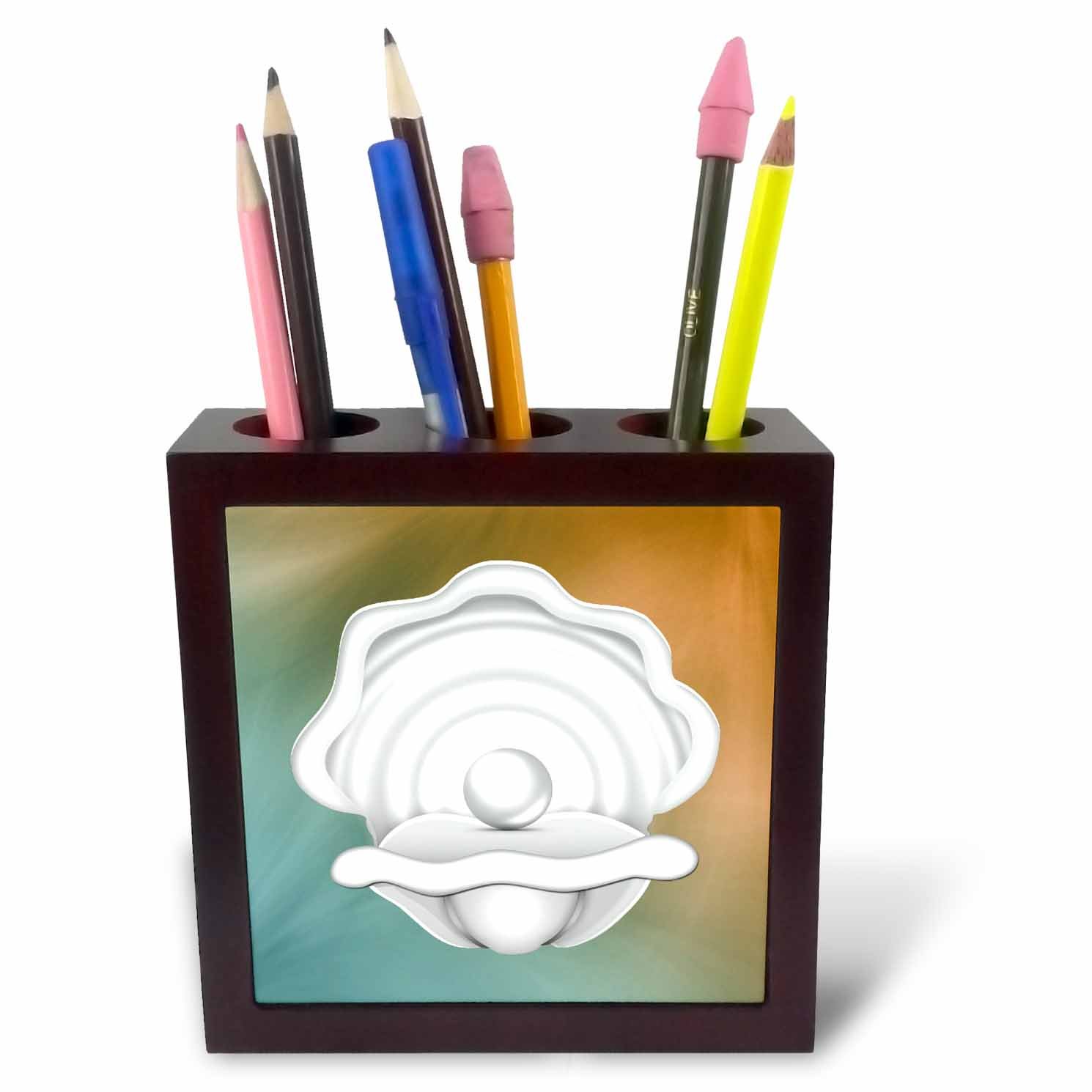 3dRose Print of Trendy White Oyster Shell on Aqua and Amber-Tile Pen Holder, 5-Inch (Ph_212692_1)