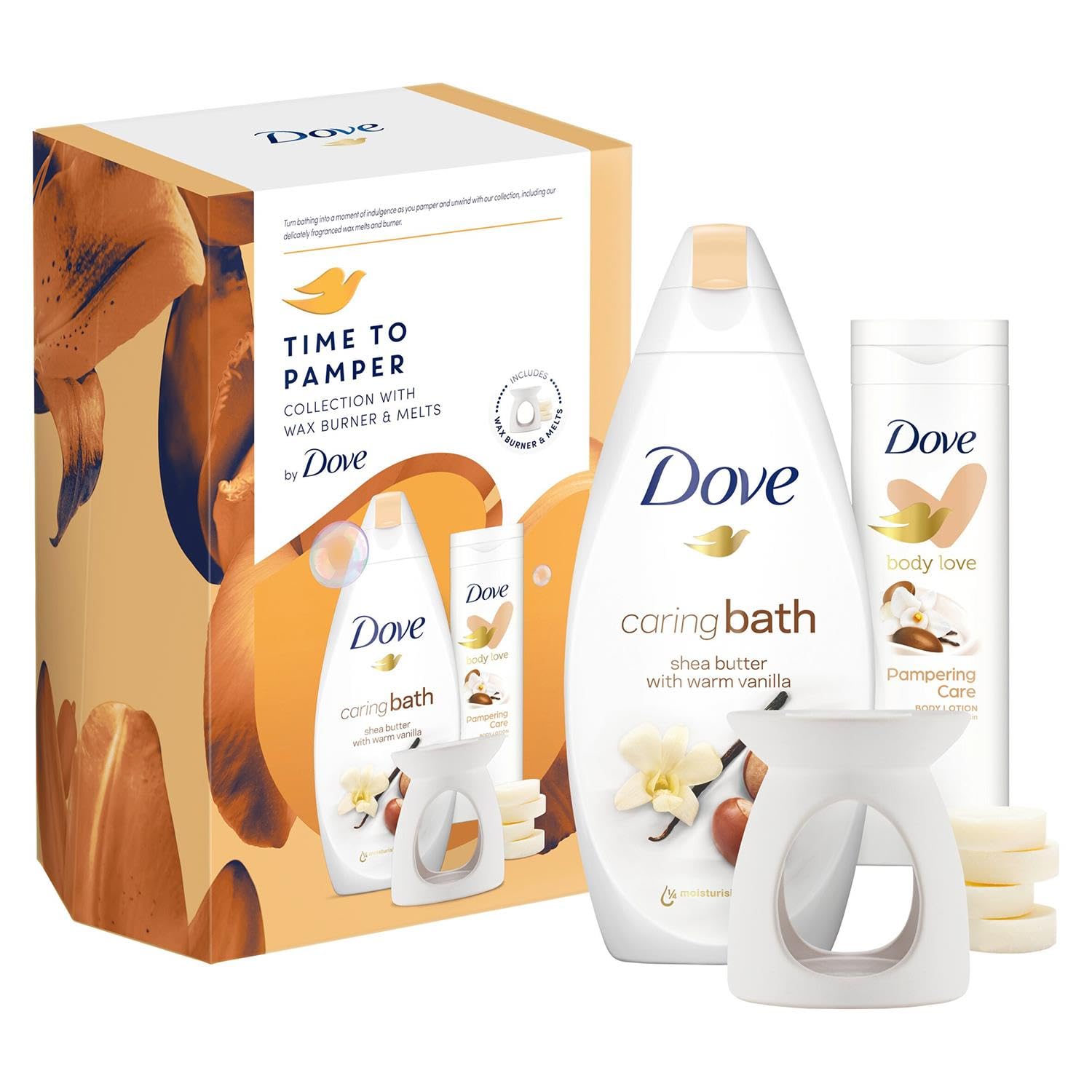 Dove Time To Pamper Collection with Caring Bath Soak & Body Love Pampering Body Lotion 2 Pieces Ready to Give Gift Set for Her with Wax Burner & 4x Wax Melts